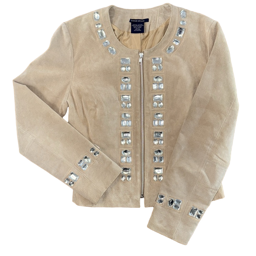 Boston Proper Rhinestone Accented Zip-Up Suede Leather Jacket Size 8